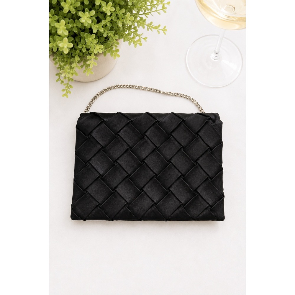 Vintage Black Woven Satin Pochette Clutch‎ Chain Strap Parisian Evening Bag Prom